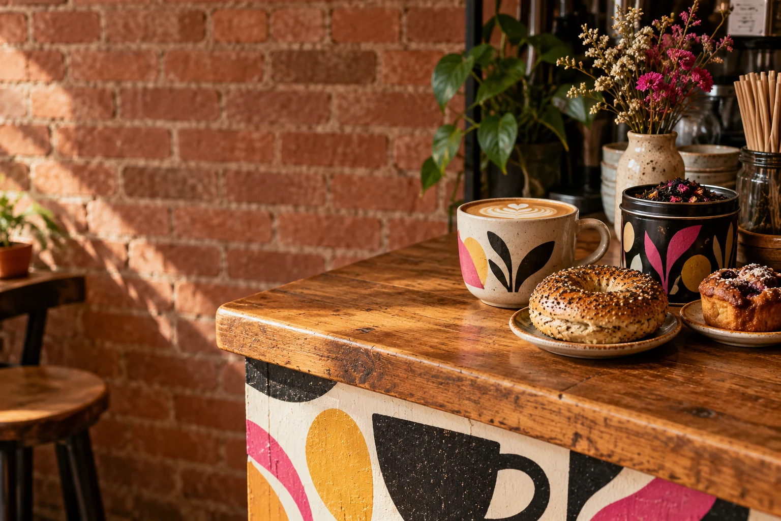 Illustrative cafe still life with coffee, tea and breakfast on a hand-painted table; not the merchant exact interior, staff or current menu.
